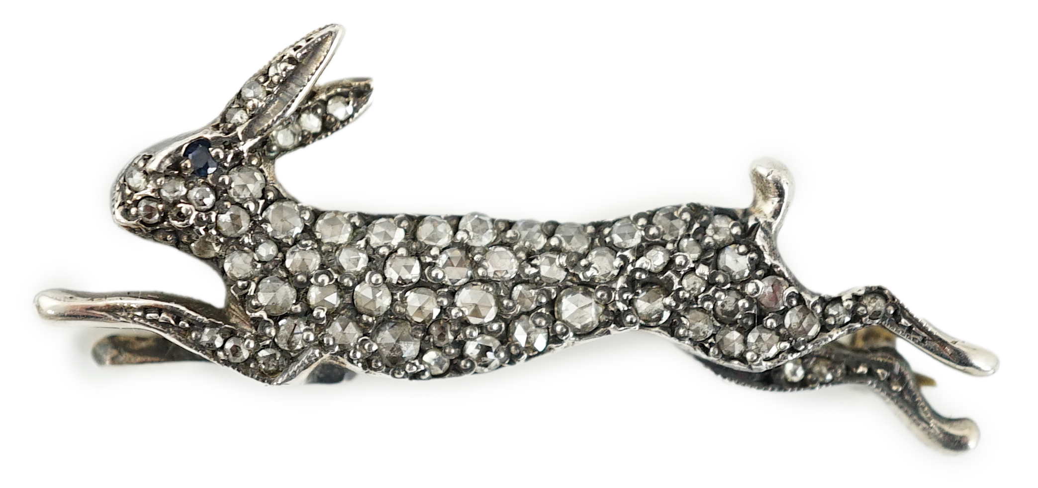 An Edwardian gold, silver and rose cut diamond cluster set hare brooch